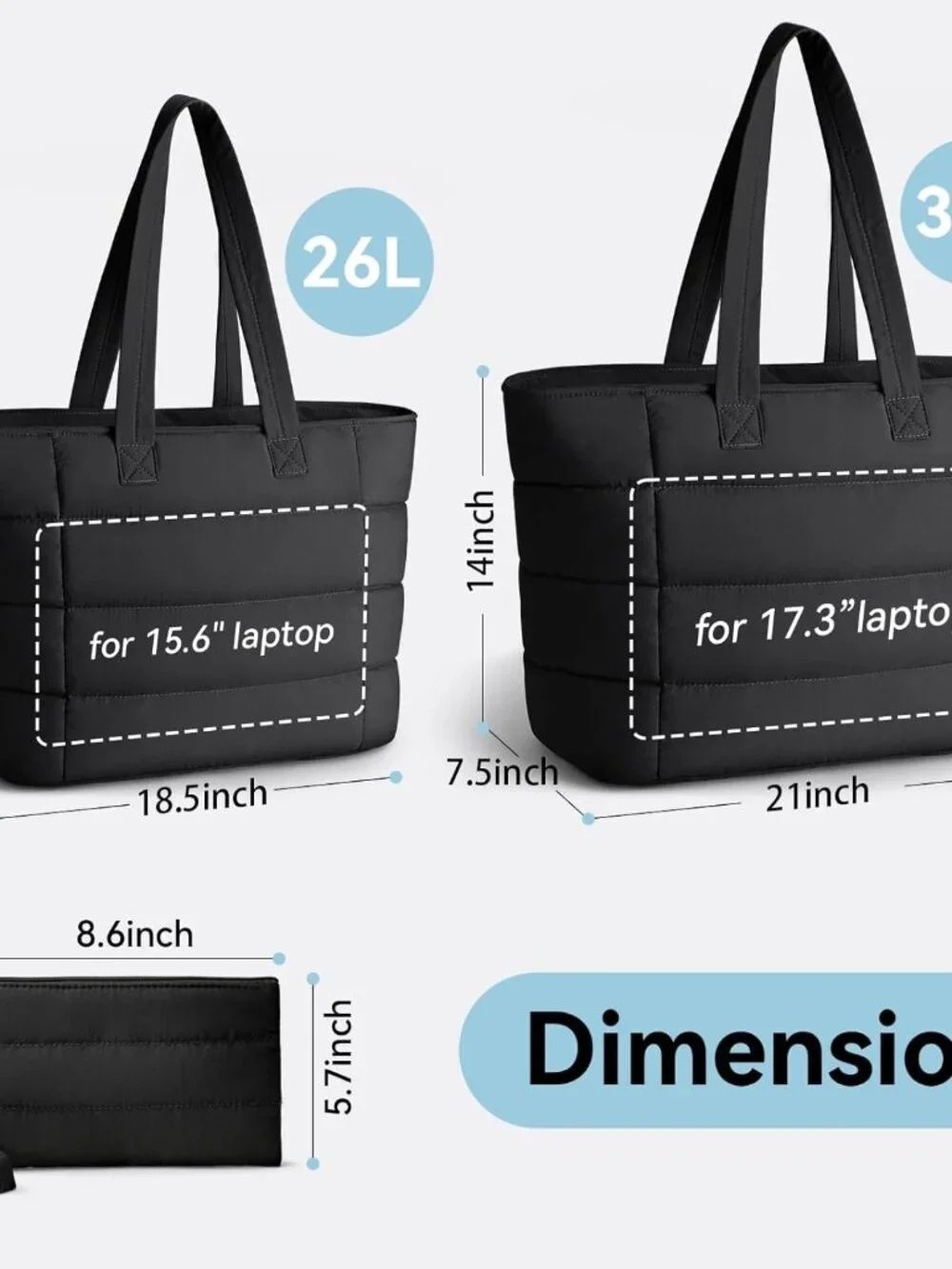 Puffer Tote Bag with Pouch, Women's Lightweight Quilted Shoulder Bag, 15.6"/17.3 - Picture 3 of 8